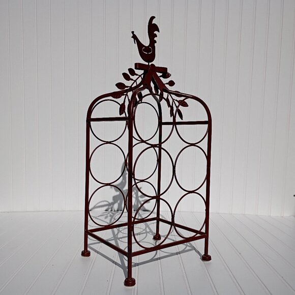 Metal Wine Rack 6 Bottle Holder Red Rooster French Country Kitchen Chicken Decor - Picture 1 of 16
